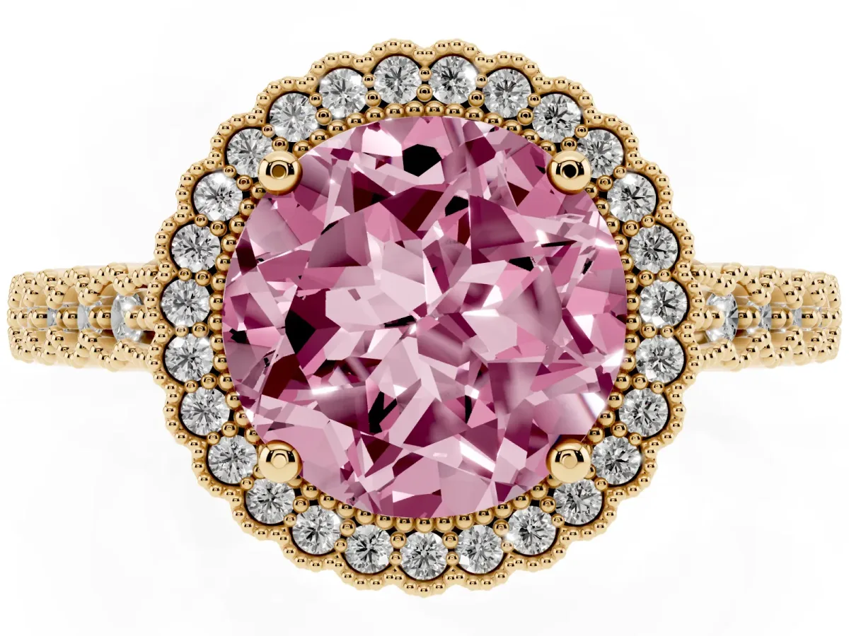 Fancy Pink Round Cut Cut Halo Pavé Solitaire Ring with Milgrain Band Yellow gold