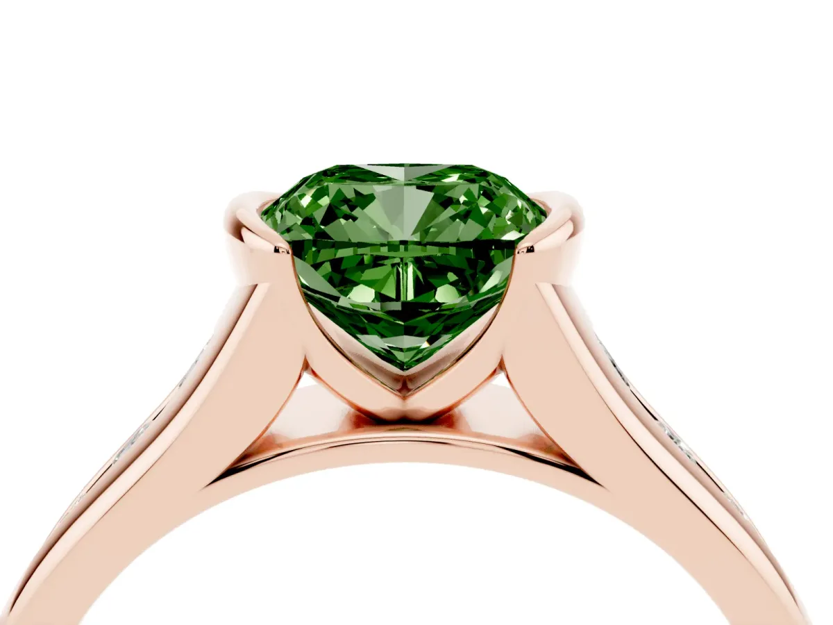 Fancy Green Cushion Cut Solitaire Bezel-Set Diamond Ring with Channel-Set Band Rose gold