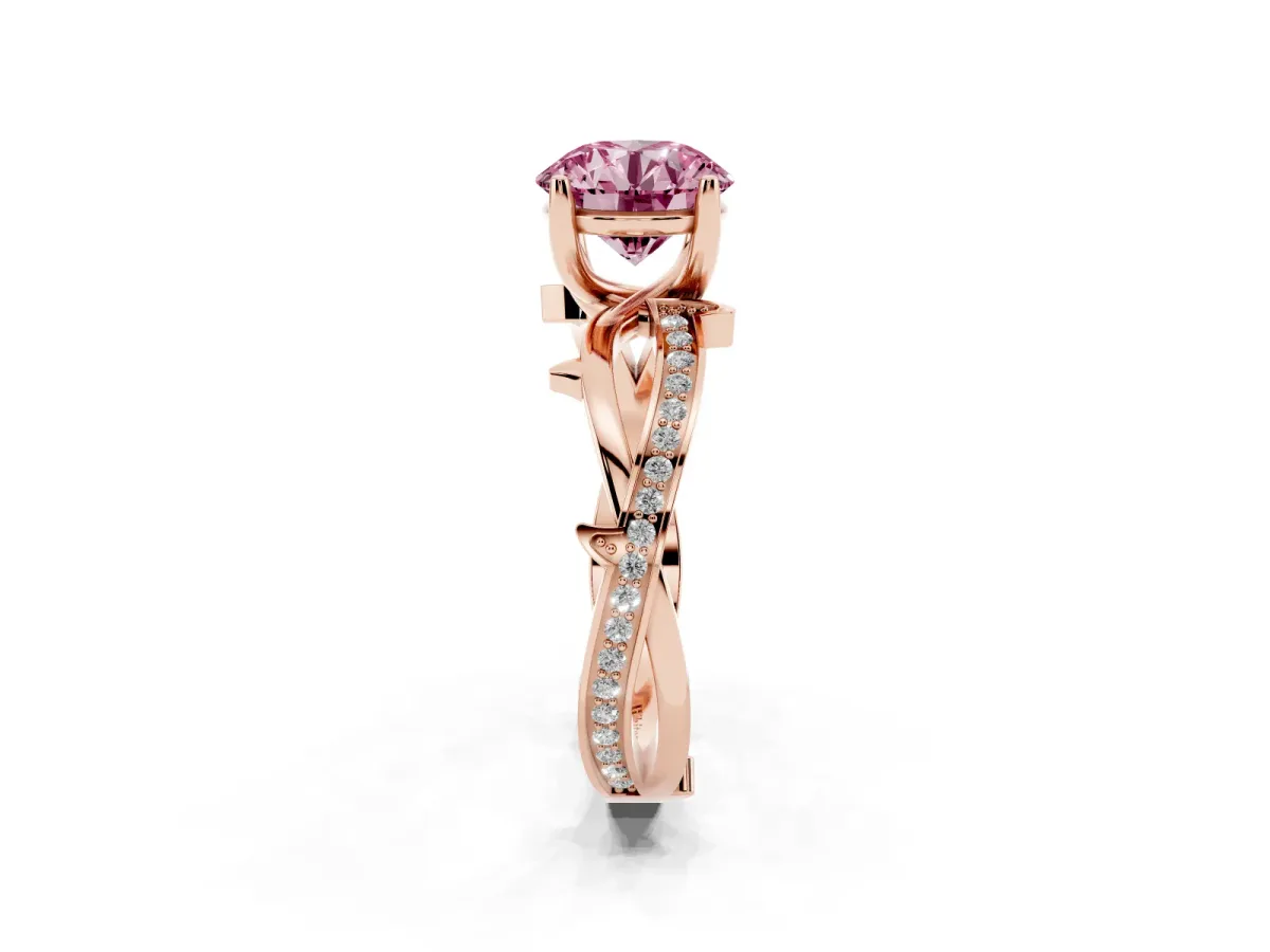 Fancy Pink Round Cut Solitaire Twist Band with Pavé Accents and Four-Prong Setting Rose gold