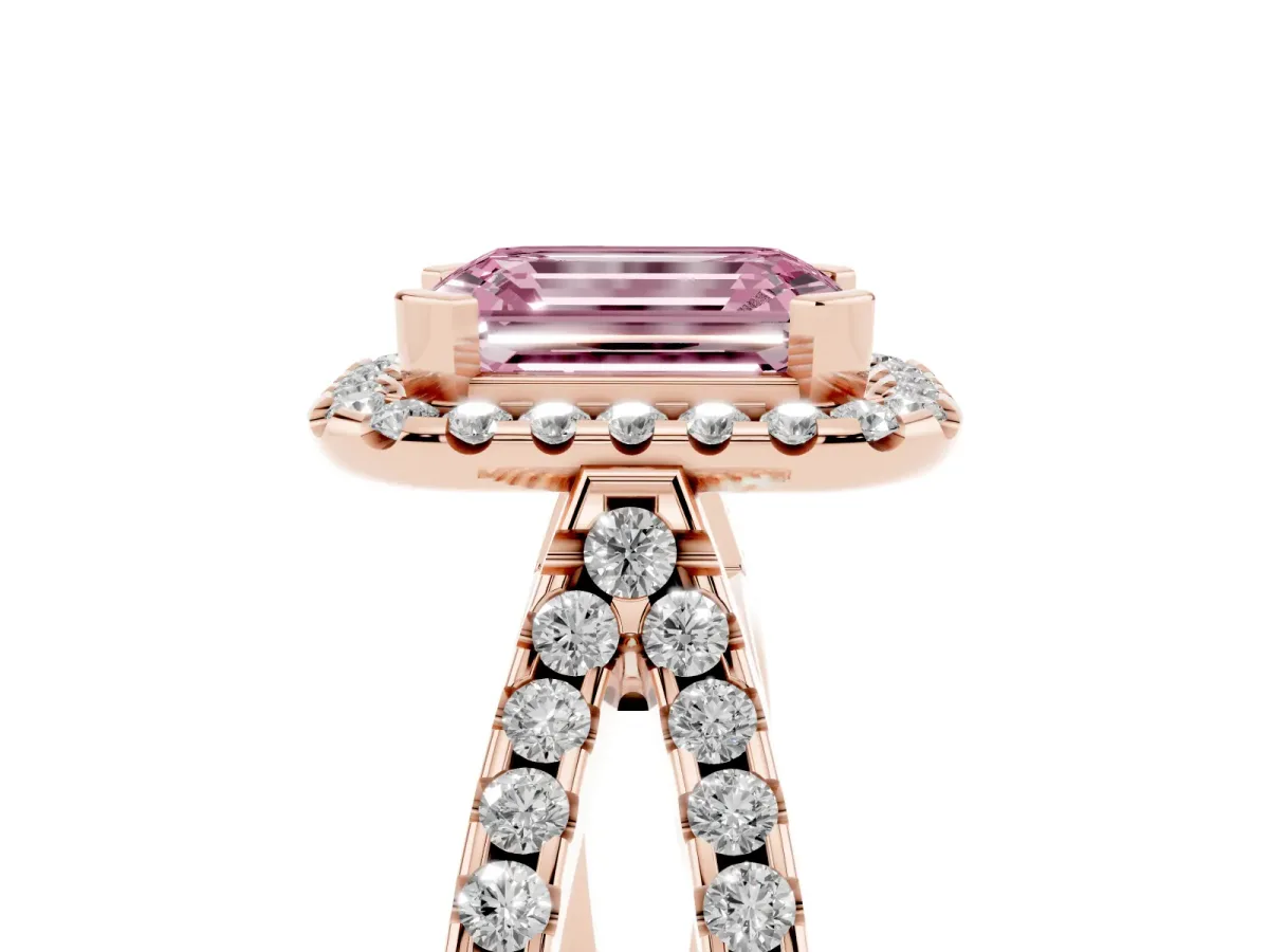 Fancy Pink Emerald Cut Diamond Halo Ring with Split Shank Pavé Band and Prong Setting Rose gold