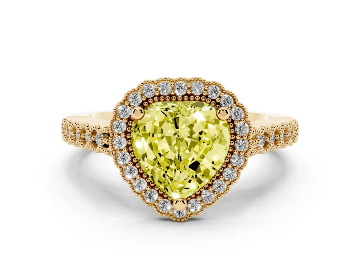 Fancy Yellow Heart Cut Cut Halo Pavé Solitaire Ring with Milgrain Band Yellow gold