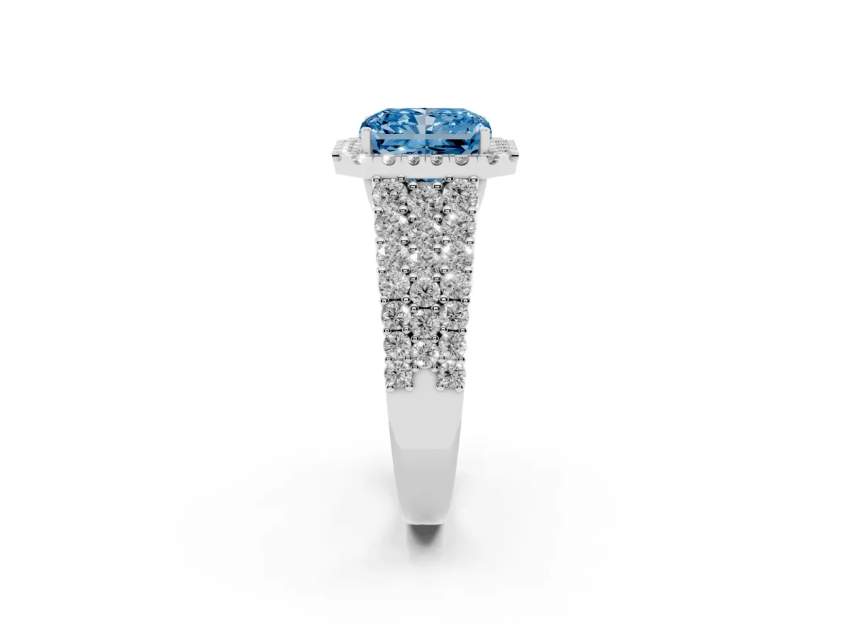 Fancy Blue Radiant Cut Diamond Halo Engagement Ring with Triple Row Round Pavé Band and Prong Setting White gold