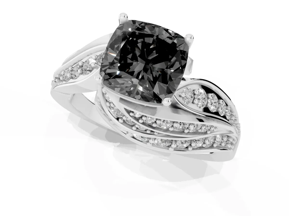 Fancy Black Cushion Cut Diamond Solitaire Ring with Prong Setting and Twisted Pavé Band Silver