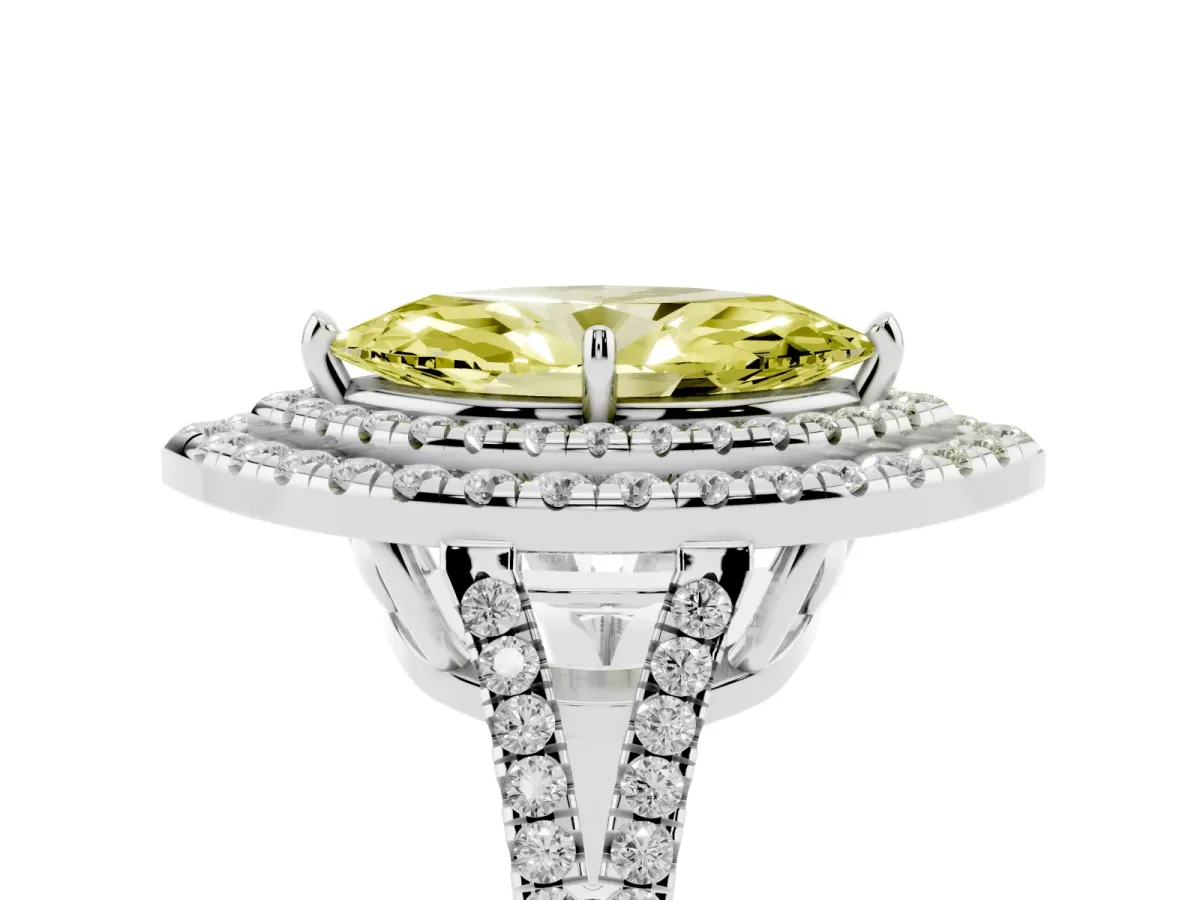 Fancy Yellow Marquise Cut Diamond Double Halo Ring with Pavé Band and Prong Setting Platinum