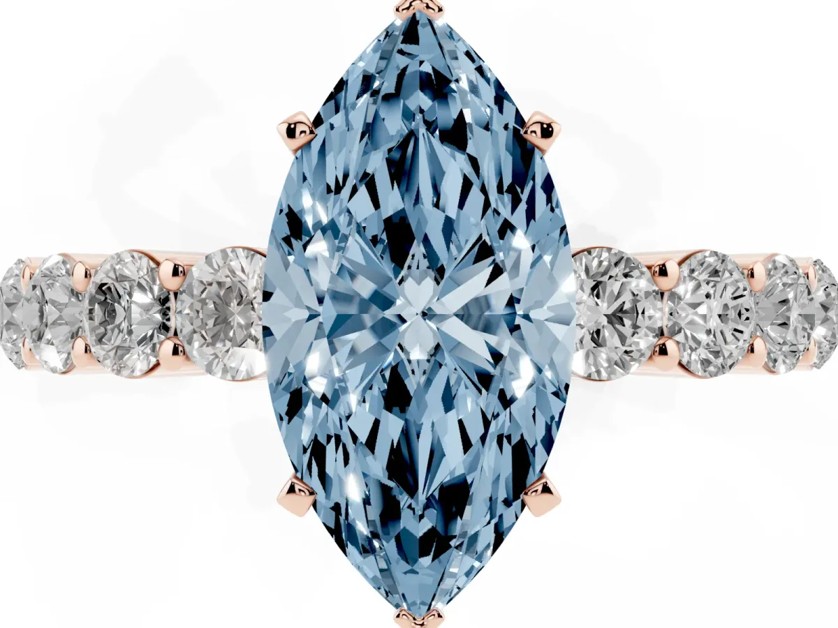 Fancy Blue Marquise Cut Diamond Solitaire Ring with Shared Prong Round Side Stones Rose gold