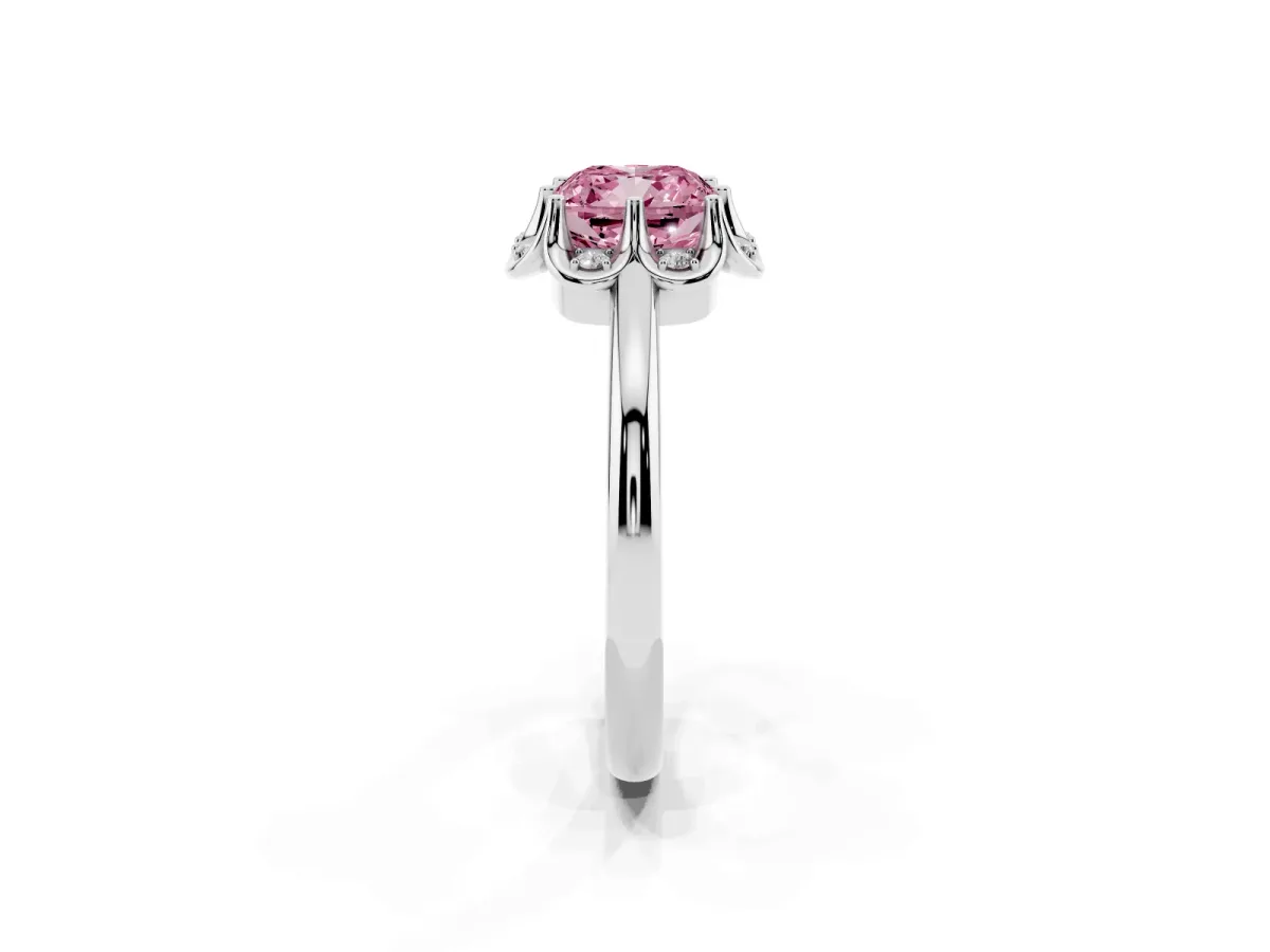 Fancy Pink Cushion Cut Halo Diamond Ring with Round Cluster Setting, Solitaire Band, and Four-Prong Setting Silver