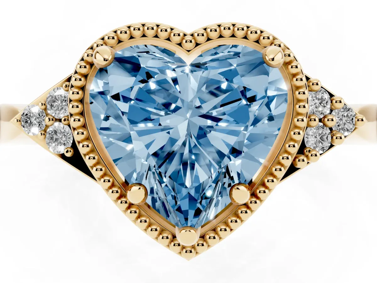 Fancy Blue Heart Cut Diamond Halo Ring with Tapered Band and Four-Prong Setting Yellow gold