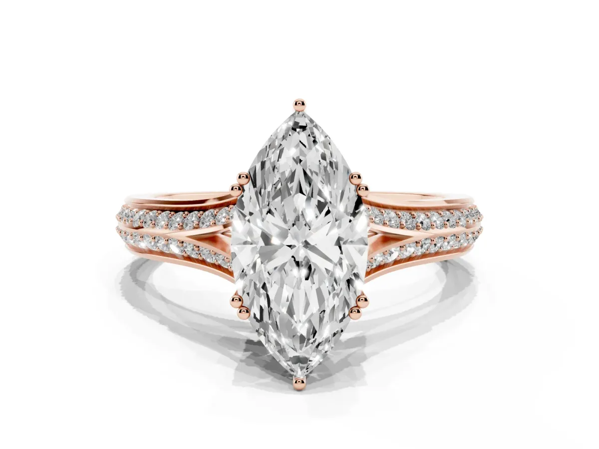 Marquise Cut Diamond Split Shank Engagement Ring with Pavé Band Rose gold