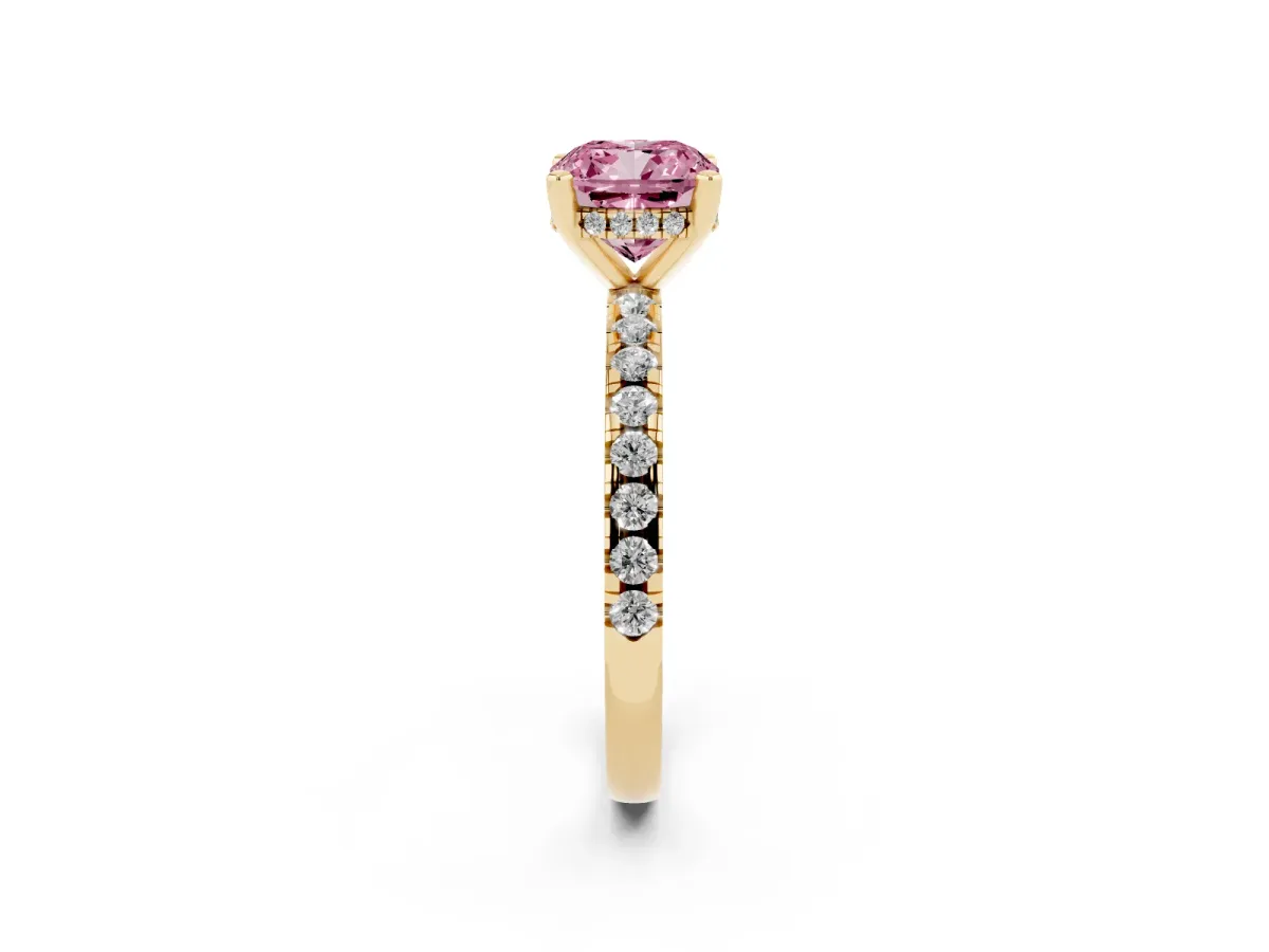 Fancy Pink Cushion Cut Diamond Solitaire Ring with Round Pavé Band and Four-Prong Setting Yellow gold