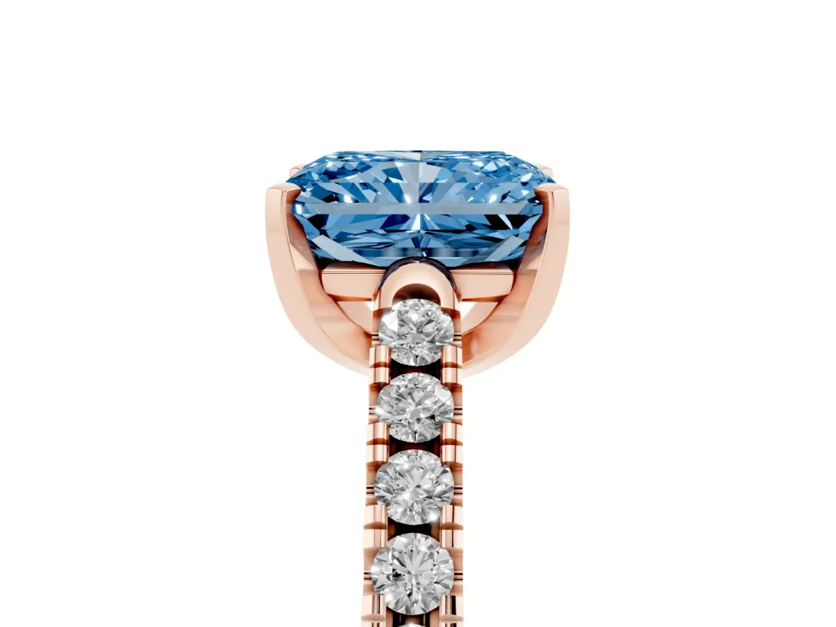 Fancy Blue Radiant Cut Diamond Pavé Band Solitaire Ring with Prong Setting Rose gold
