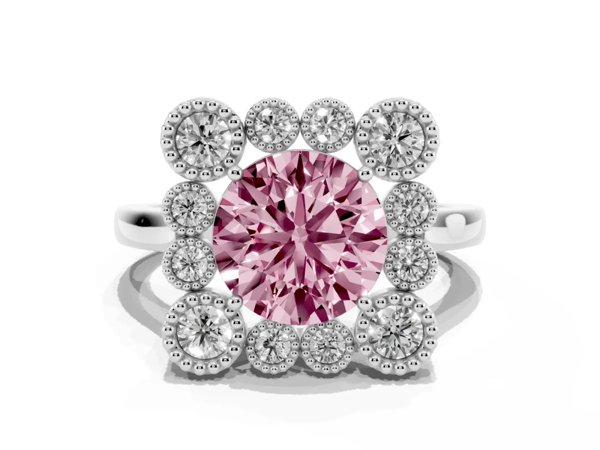 Fancy Pink Round Cut Halo Diamond Cluster Engagement Ring with Milgrain Bezel Setting and Solitaire Band Platinum