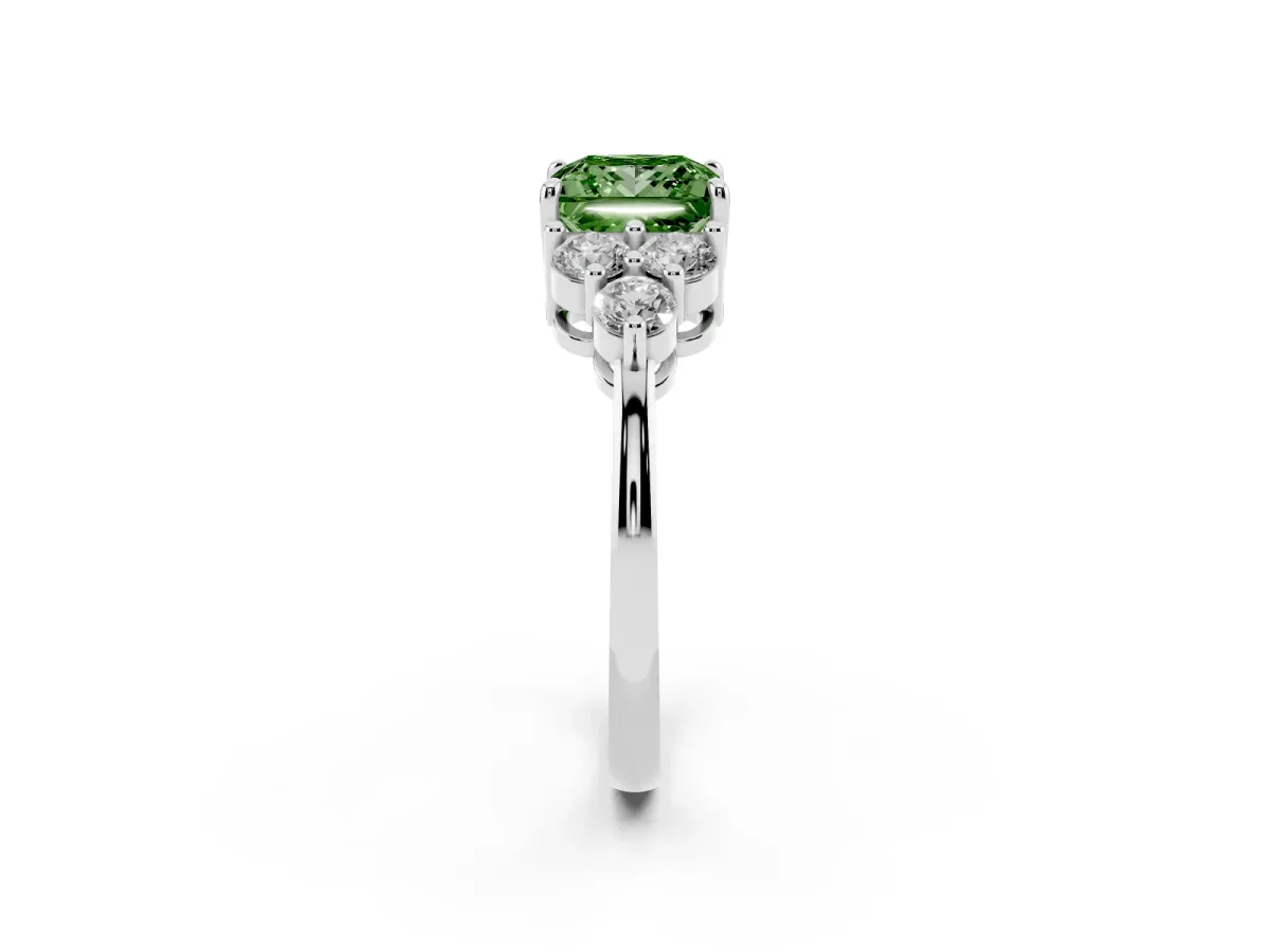Fancy Green Princess Cut Brilliant Diamond Cluster Accent Solitaire Ring with Prong Setting Platinum