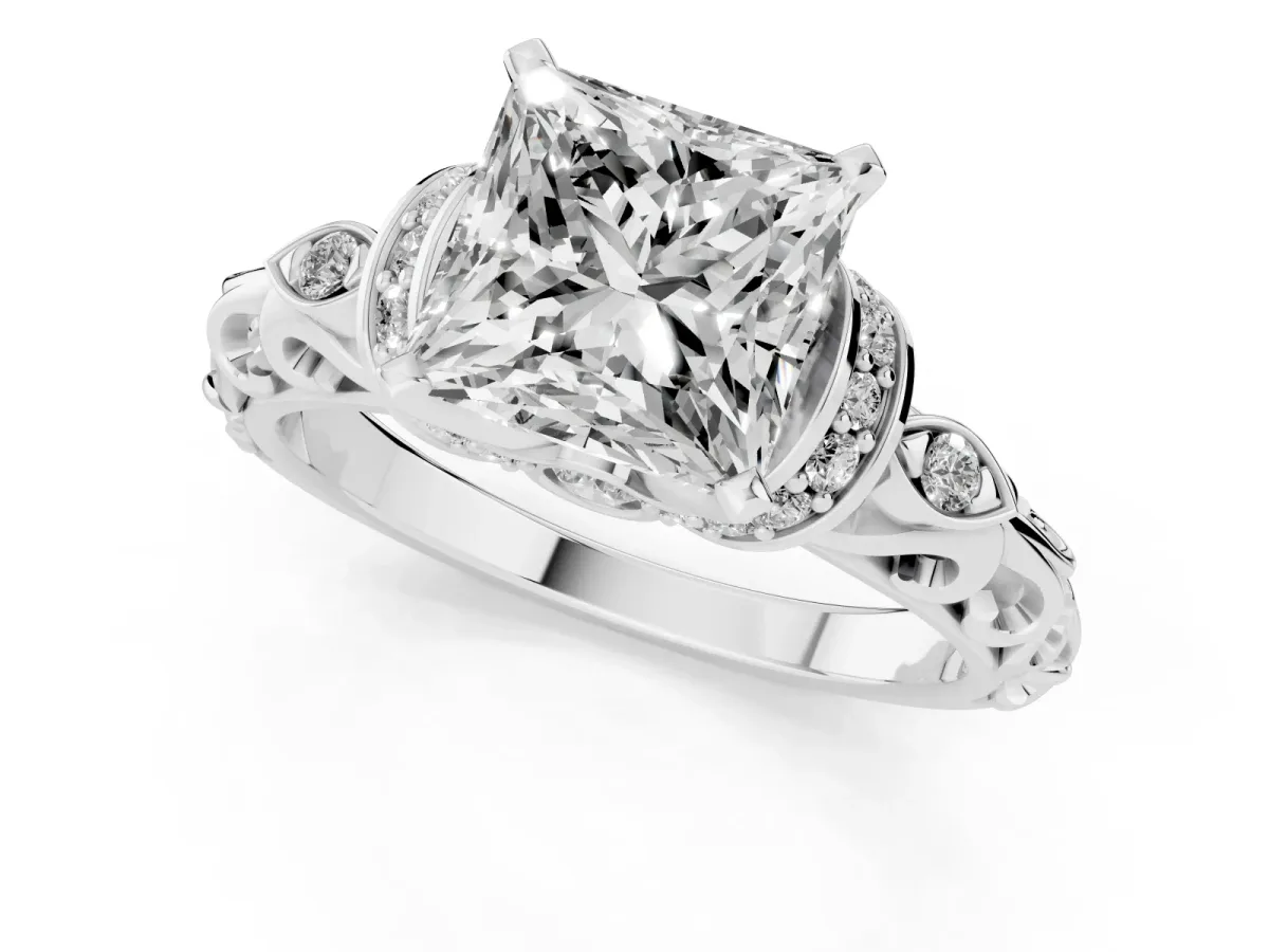 Princess Cut Diamond Solitaire Ring with Filigree Band and Four-Prong Setting Silver