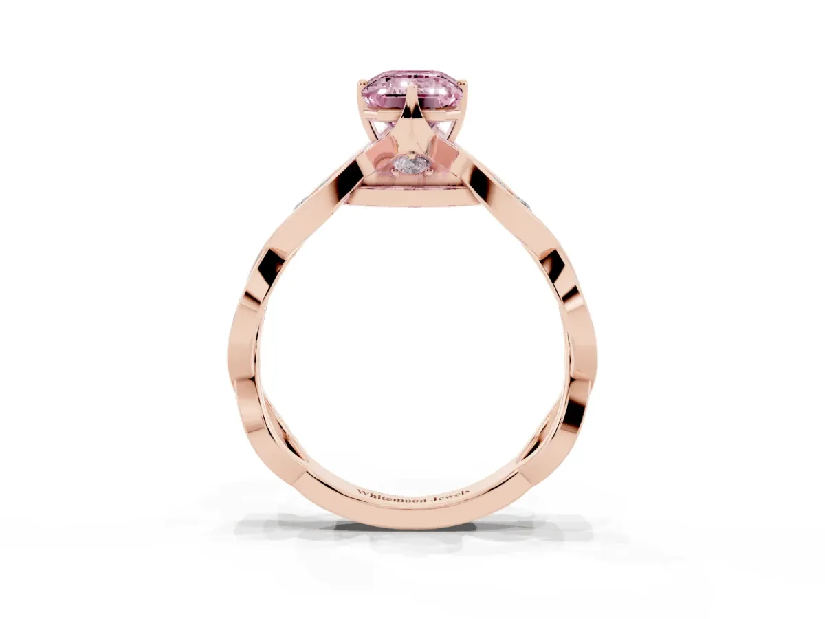 Fancy Pink Emerald Cut Solitaire Twist Band with Leaf Prong Setting Rose gold