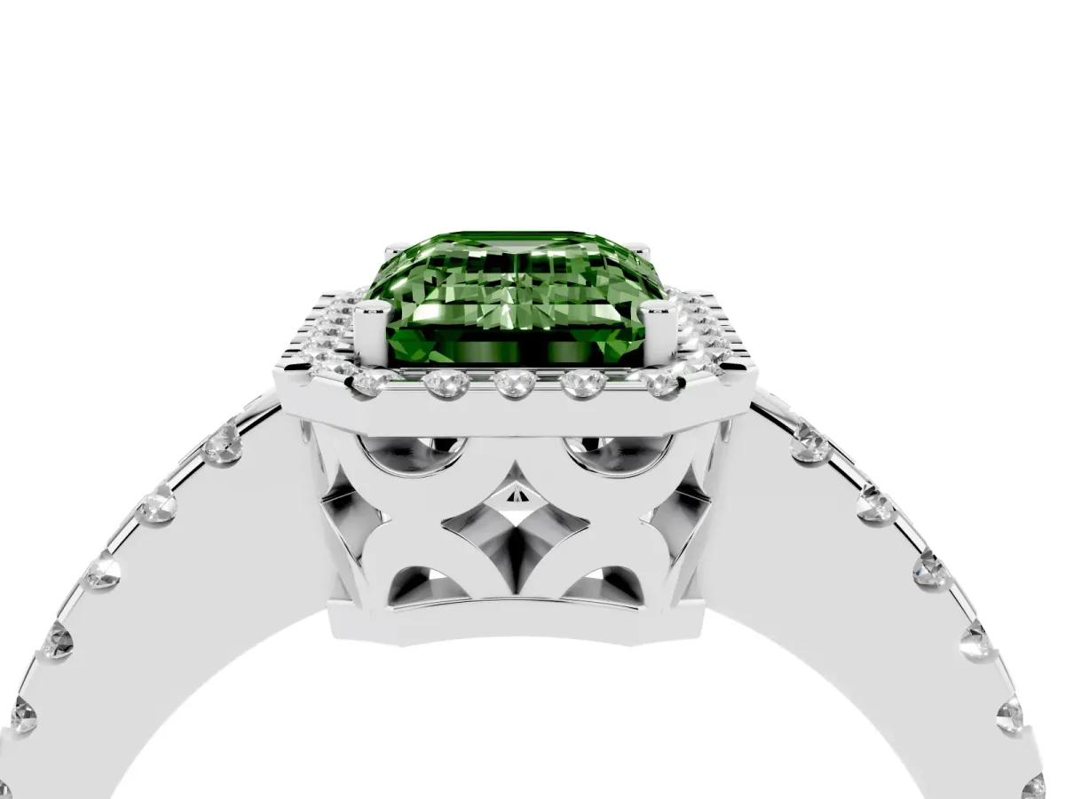 Fancy Green Emerald Cut Diamond Halo Engagement Ring with Pavé Band and Prong Setting Platinum