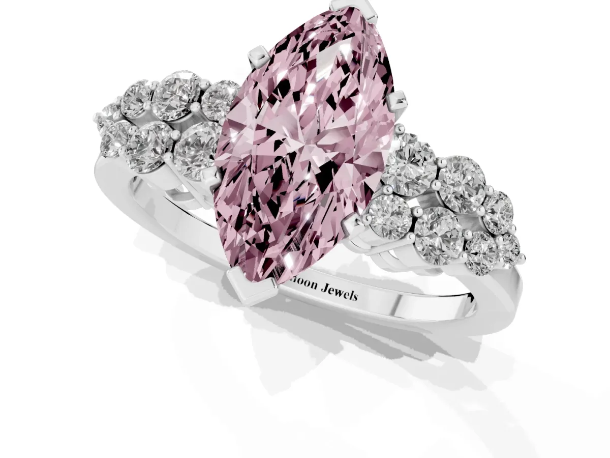 Fancy Pink Marquise Cut Cluster Diamond Engagement Ring with Pavé Band and Four-Prong Setting Silver