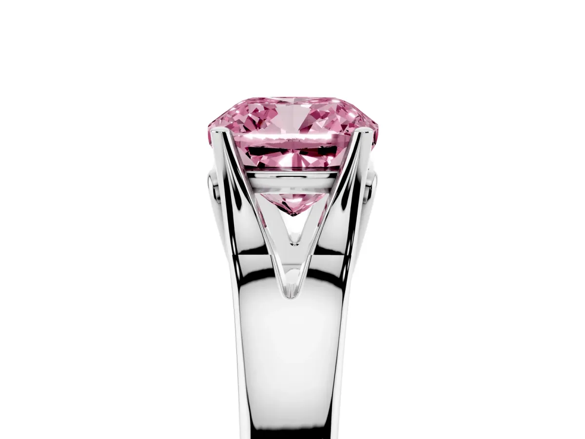 Fancy Pink Cushion Cut Solitaire Diamond Ring with Cathedral Band and Four-Prong Setting Silver