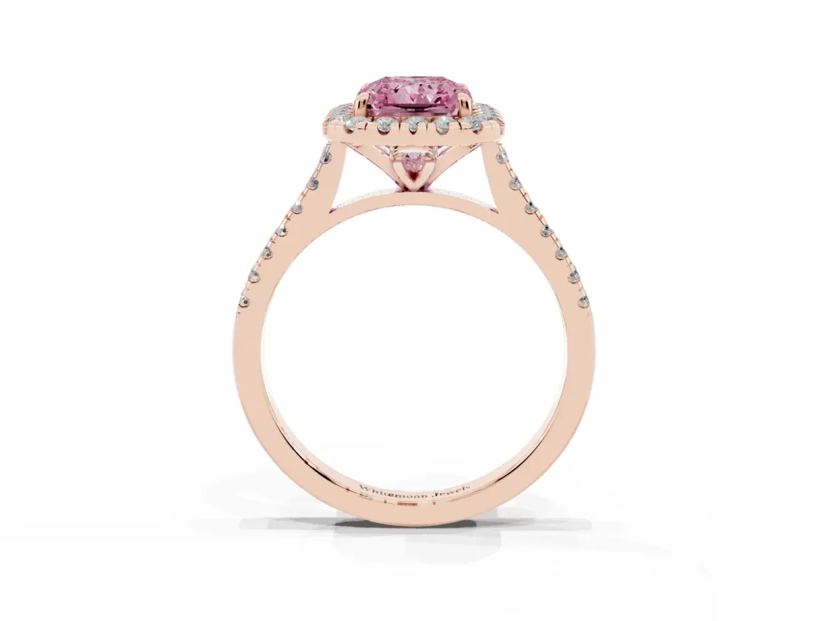 Fancy Pink Radiant Cut Diamond Cushion Halo Ring with Pavé Band Rose gold