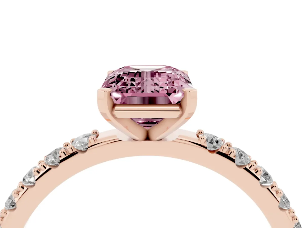 Fancy Pink Emerald Cut Diamond Solitaire Pavé Band with Four-Prong Setting Rose gold