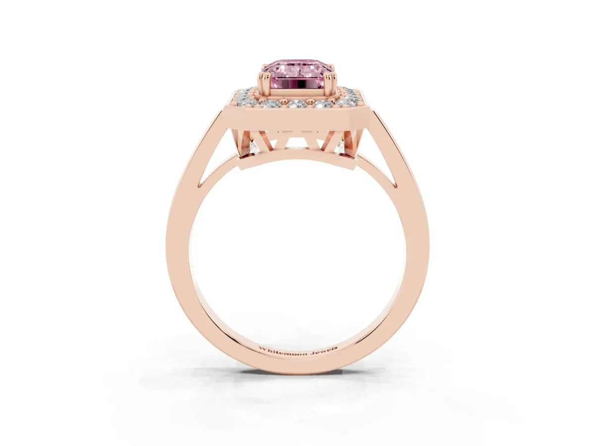 Fancy Pink Emerald Cut Diamond Halo Ring with Split Shank and Four-Prong Setting Rose gold