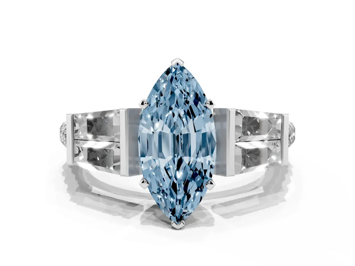 Fancy Blue Marquise Cut Diamond Engagement Ring with Baguette Side Stones and Channel Set Band Platinum