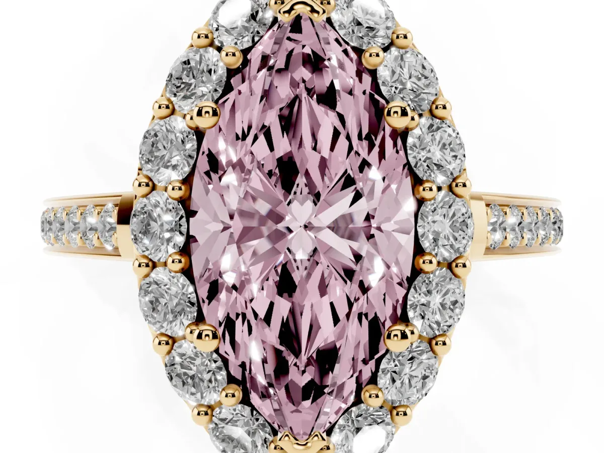 Fancy Pink Marquise Cut Diamond Floral Halo Ring with Pavé Band and Prong Setting Yellow gold