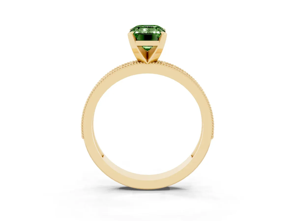 Fancy Green Emerald Cut Diamond Milgrain Pavé Engagement Ring with Four-Prong Setting Yellow gold