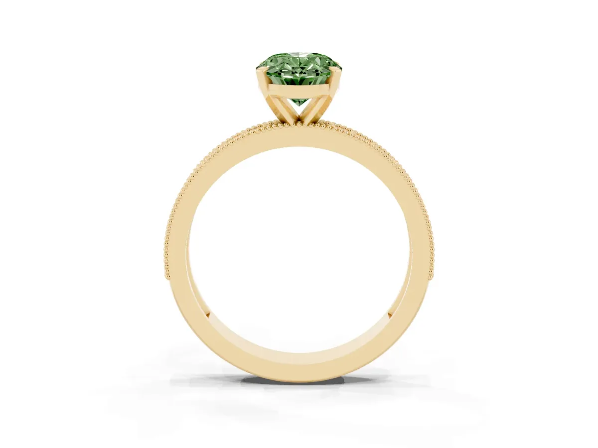 Fancy Green Oval Cut Diamond Milgrain Pavé Engagement Ring with Four-Prong Setting Yellow gold