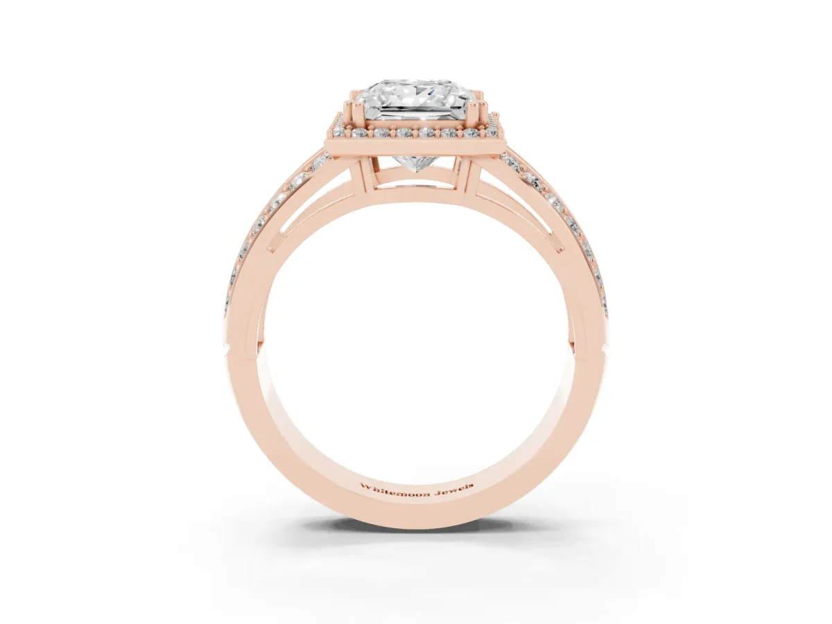 Princess Cut Diamond Halo Ring with Split Shank Pavé Band and Four-Prong Setting Rose gold