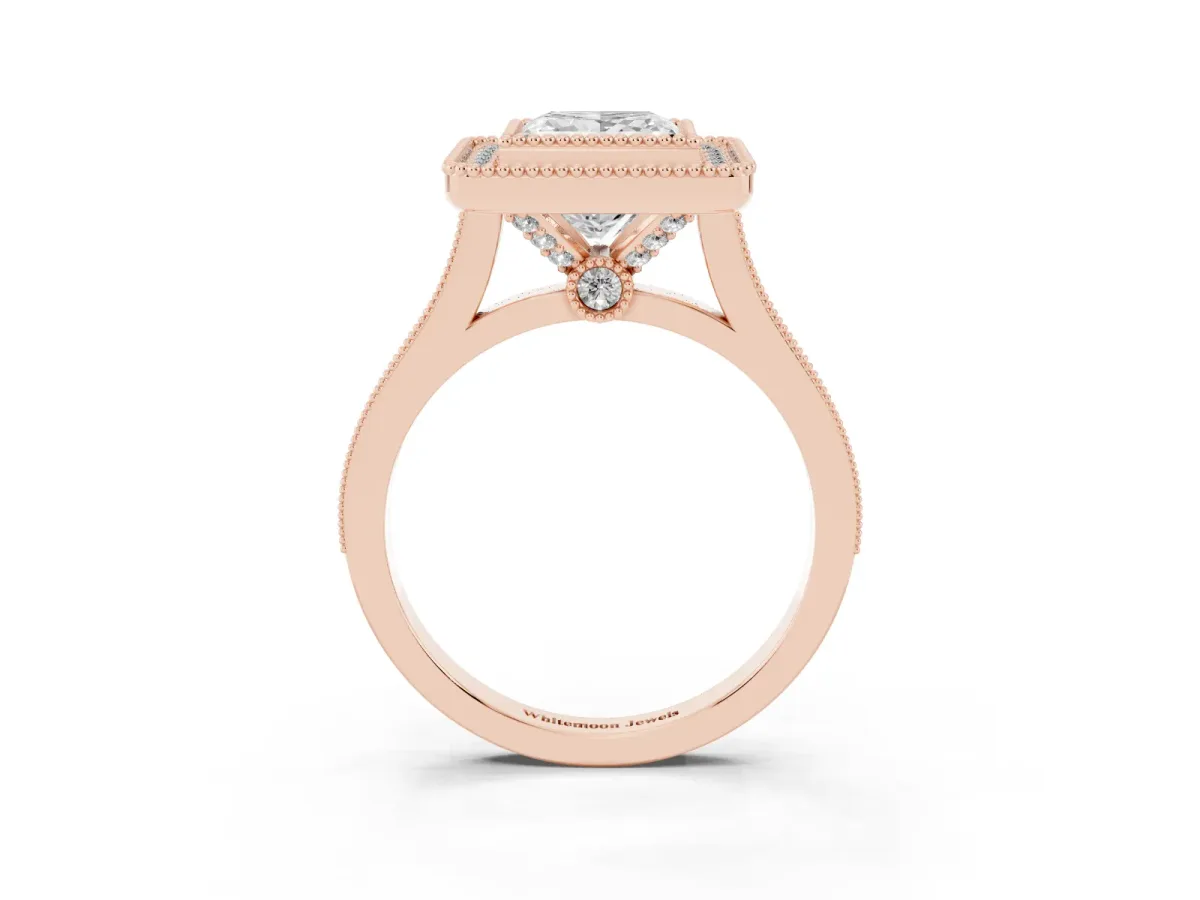 Princess Cut Diamond Halo Ring with Milgrain Frame and Pavé Band Rose gold