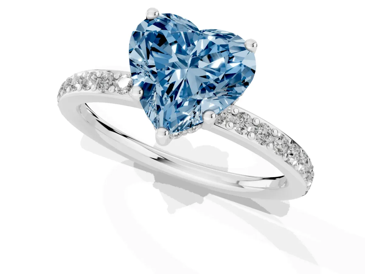 Fancy Blue Heart Cut Cut Diamond Pavé Band Ring with Four-Prong Setting Platinum