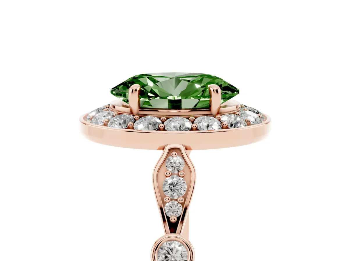 Fancy Green Oval Cut Halo Diamond Engagement Ring with Twisted Band and Four-Prong Setting Rose gold