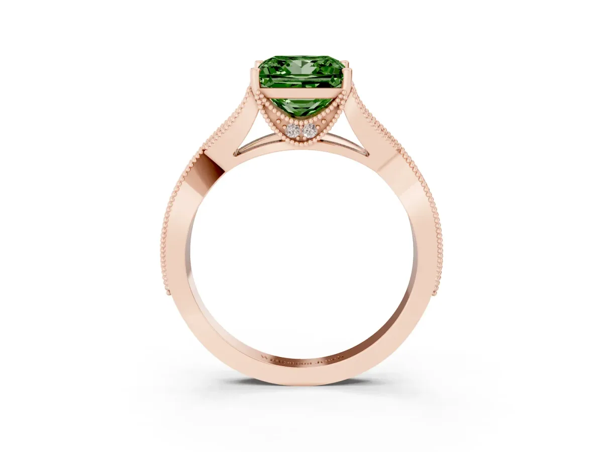 Fancy Green Princess Cut Cut Diamond Twisted Band with Milgrain Pave Setting and Four-Prong Setting Rose gold