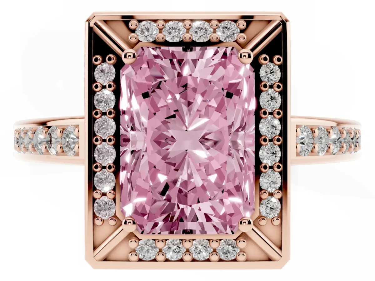 Fancy Pink Radiant Cut Cut Halo Pave Split Shank Prong Setting Ring Rose gold