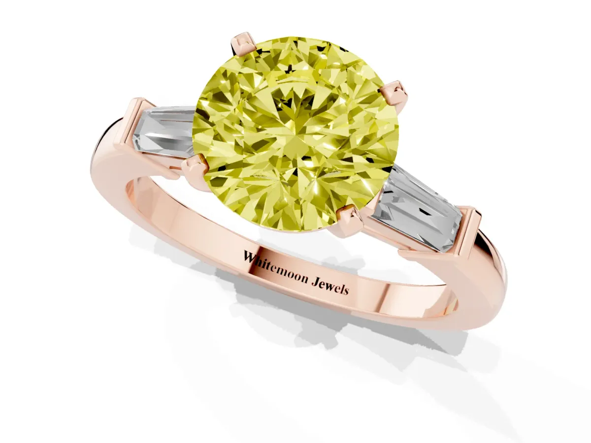Fancy Yellow Round Cut Cut Diamond Solitaire Ring with Tapered Baguette Accents and Four-Prong Setting Rose gold