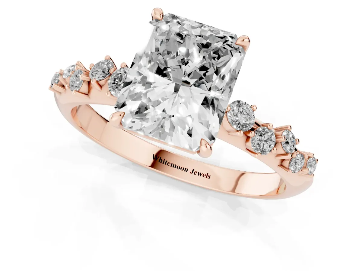 Radiant Cut Diamond Cluster Side Stone Solitaire Ring with Prong Setting Rose gold