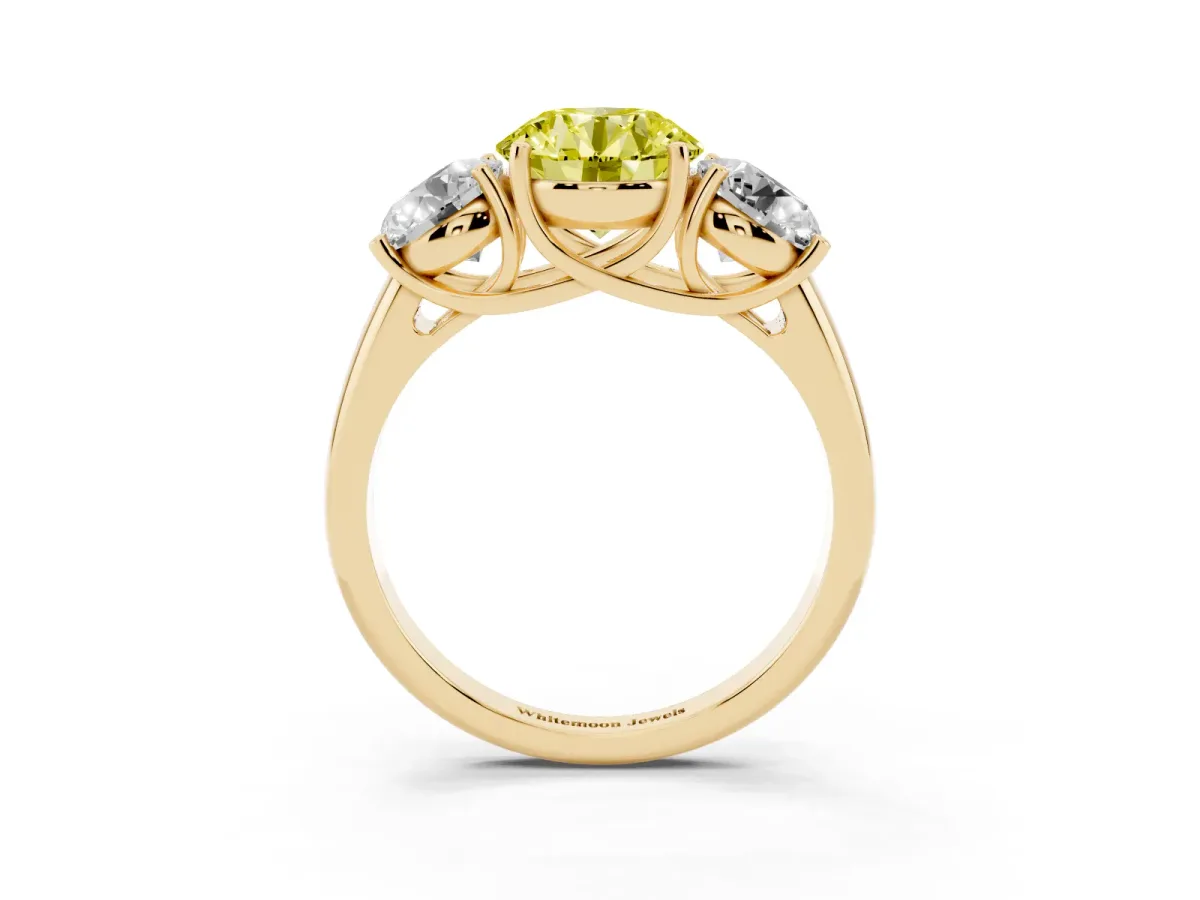 Fancy Yellow Three-Stone Round Cut Diamond Engagement Ring with Prong Setting Yellow gold