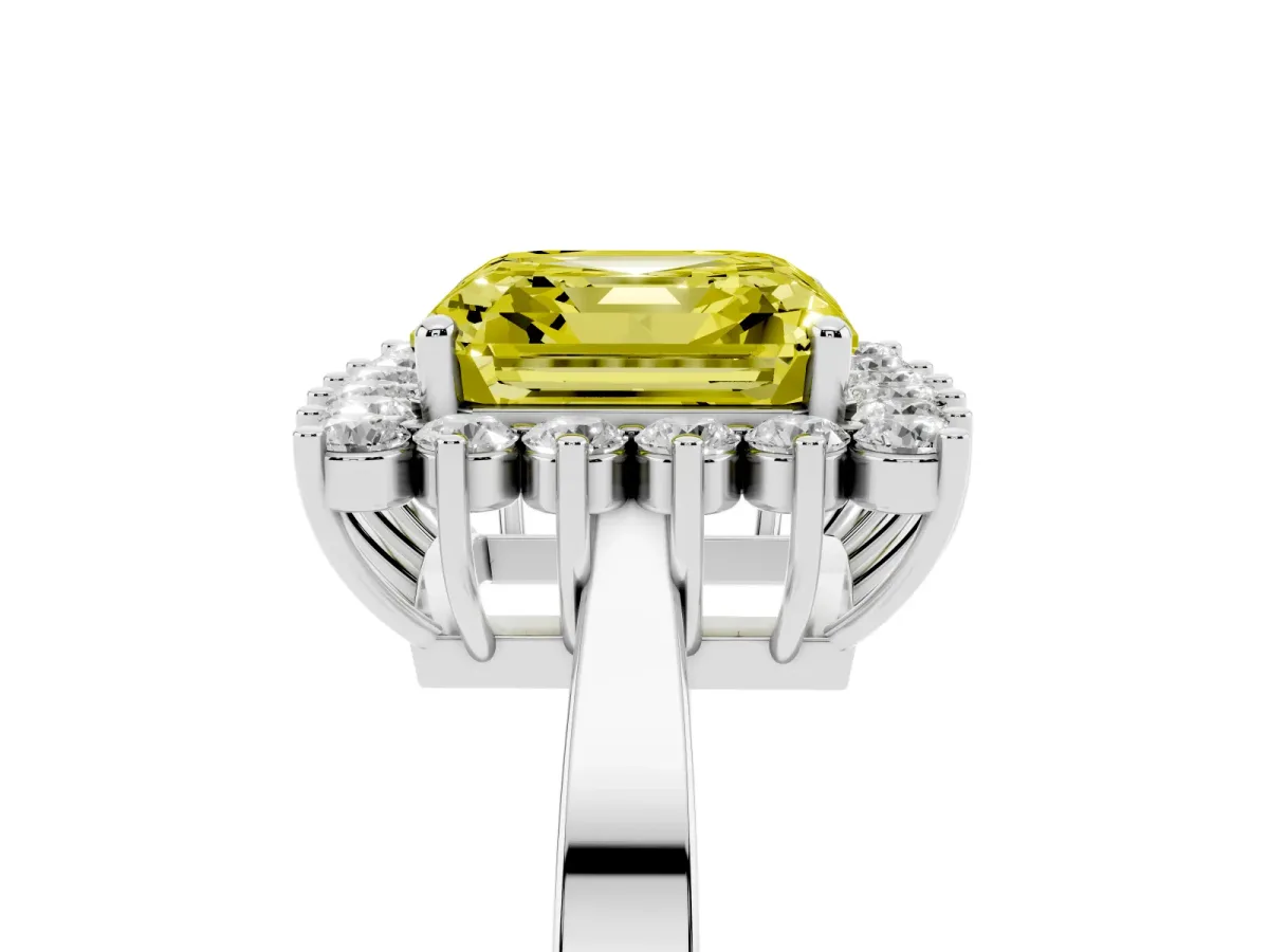 Fancy Yellow Asscher Cut Cut Diamond Halo Ring with Round Brilliant Halo and Solitaire Band Platinum
