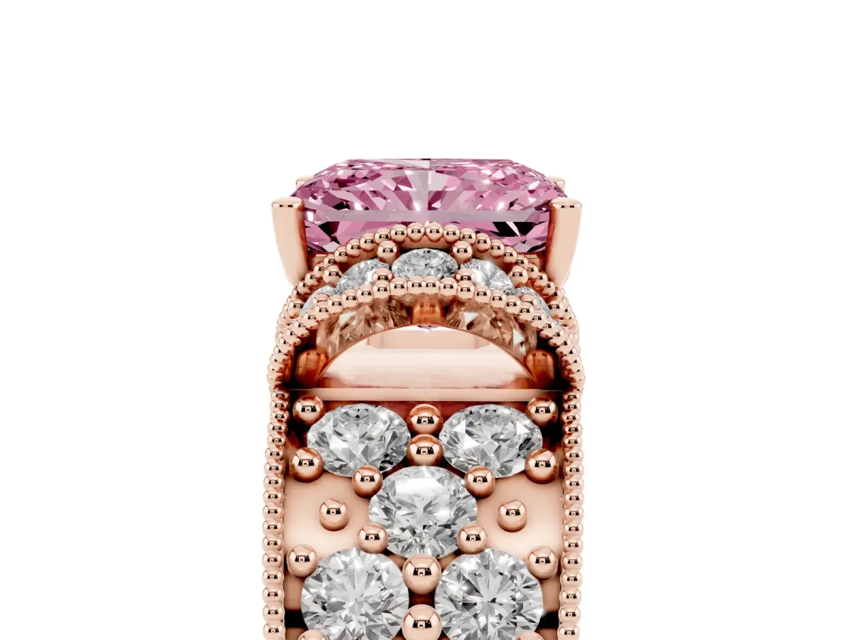 Fancy Pink Radiant Cut Halo Pave Diamond Engagement Ring with Milgrain Detailing Rose gold