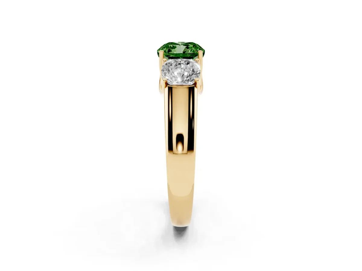 Fancy Green Three-Stone Cushion Cut Cut Diamond Ring with Prong Setting and Classic Band Yellow gold