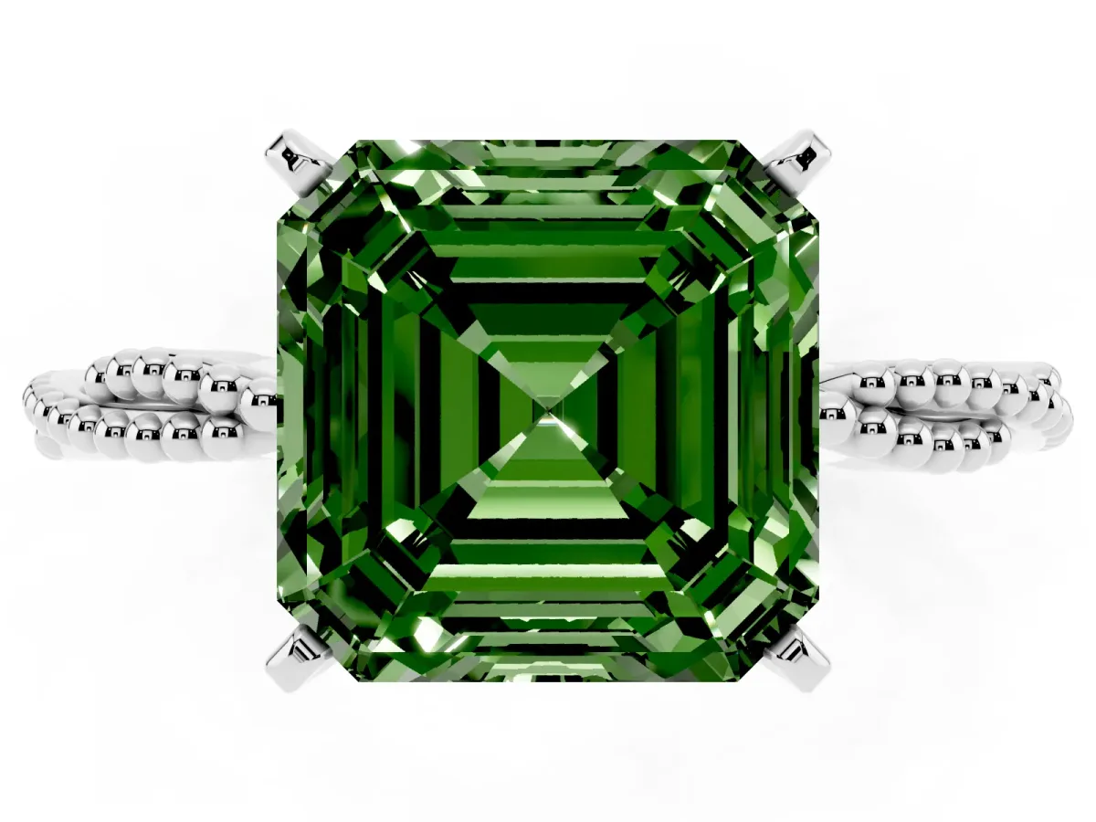 Fancy Green Asscher Cut Solitaire Twisted Band with Bead Prong Setting Platinum
