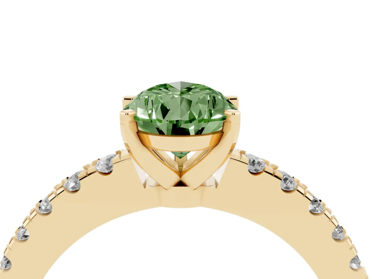 Fancy Green Pear Cut Solitaire Diamond with Pavé Band and Four-Prong Setting Yellow gold