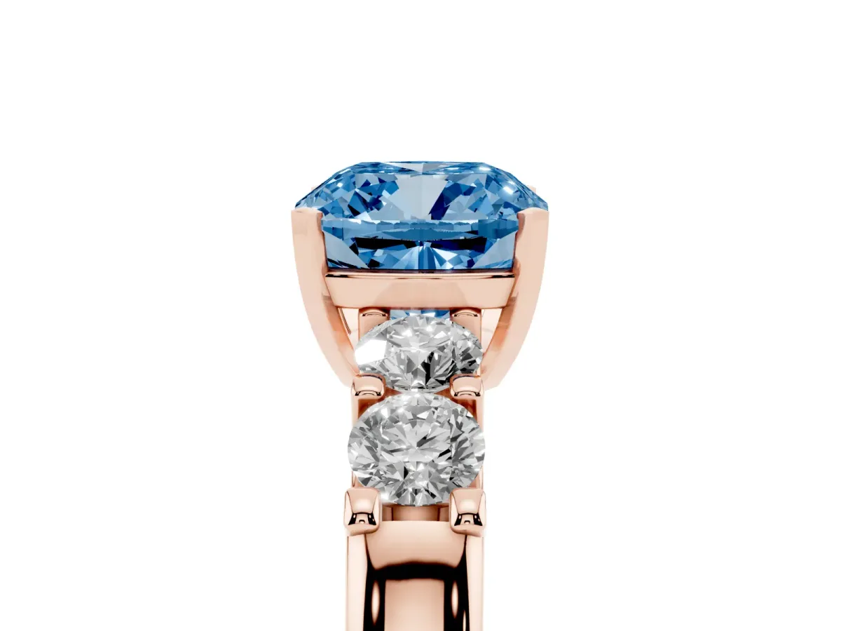Fancy Blue Cushion Cut Brilliant Cut Diamond Five-Stone Prong Set Engagement Ring with Channel Band Rose gold