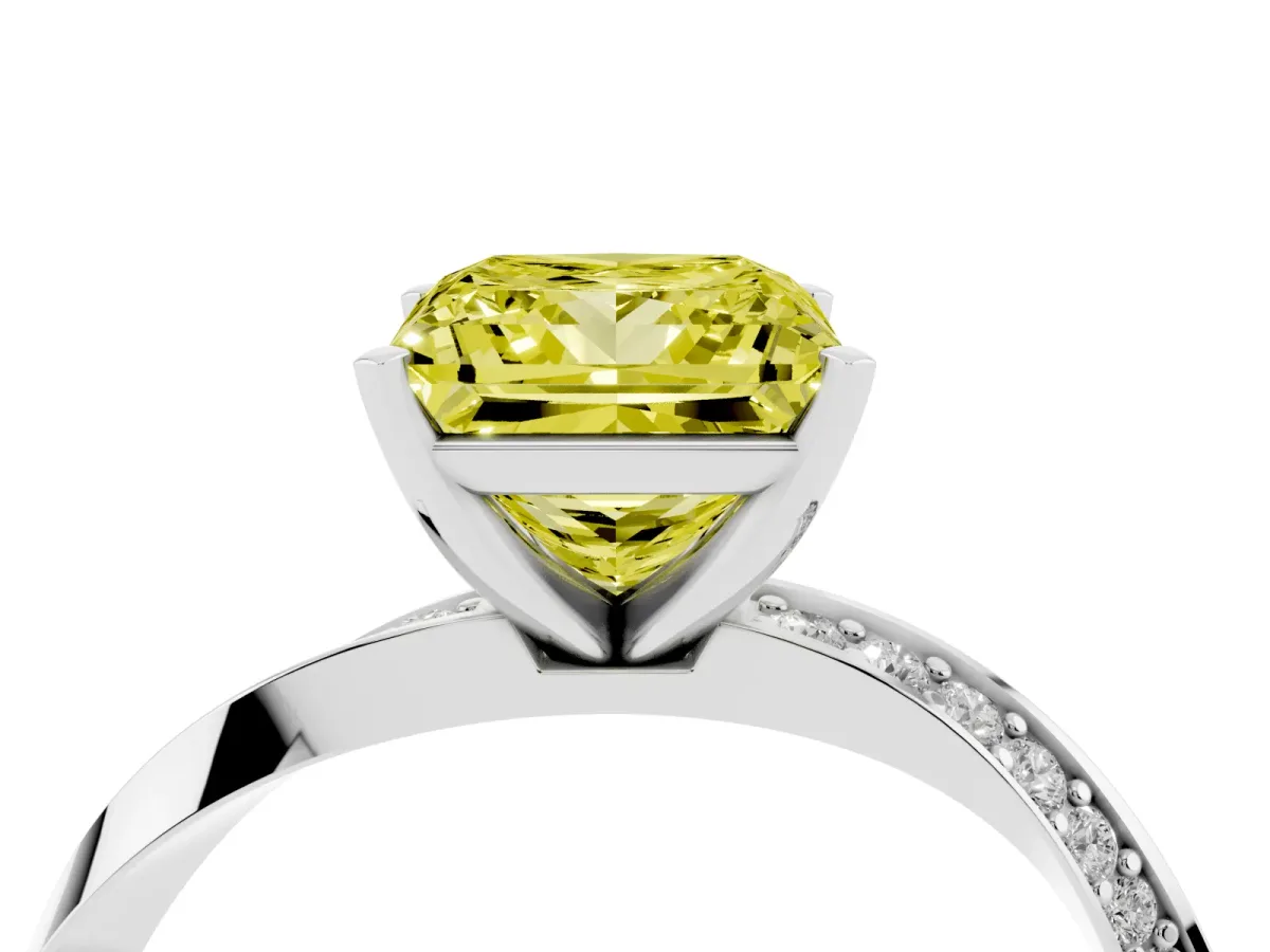 Fancy Yellow Princess Cut Diamond Engagement Ring with Side Stone Accents and Four-Prong Setting Silver