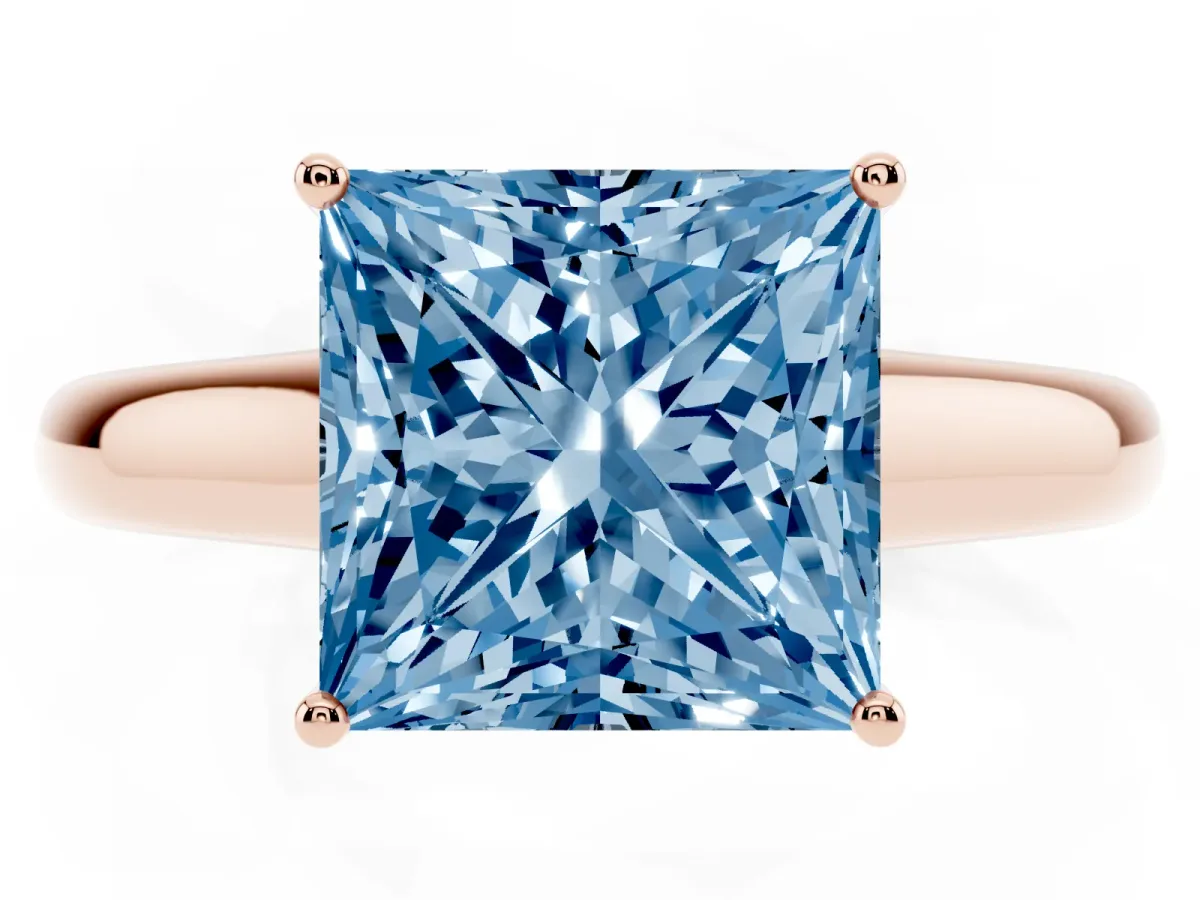 Fancy Blue Princess Cut Solitaire Engagement Ring with Tapered Band and Four-Prong Setting Rose gold