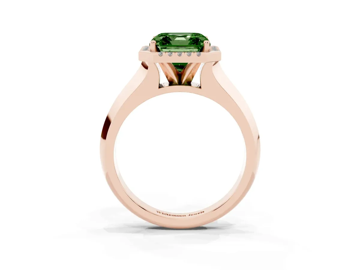 Fancy Green Asscher Cut Halo Diamond Ring with Cathedral Band and Four-Prong Setting Rose gold