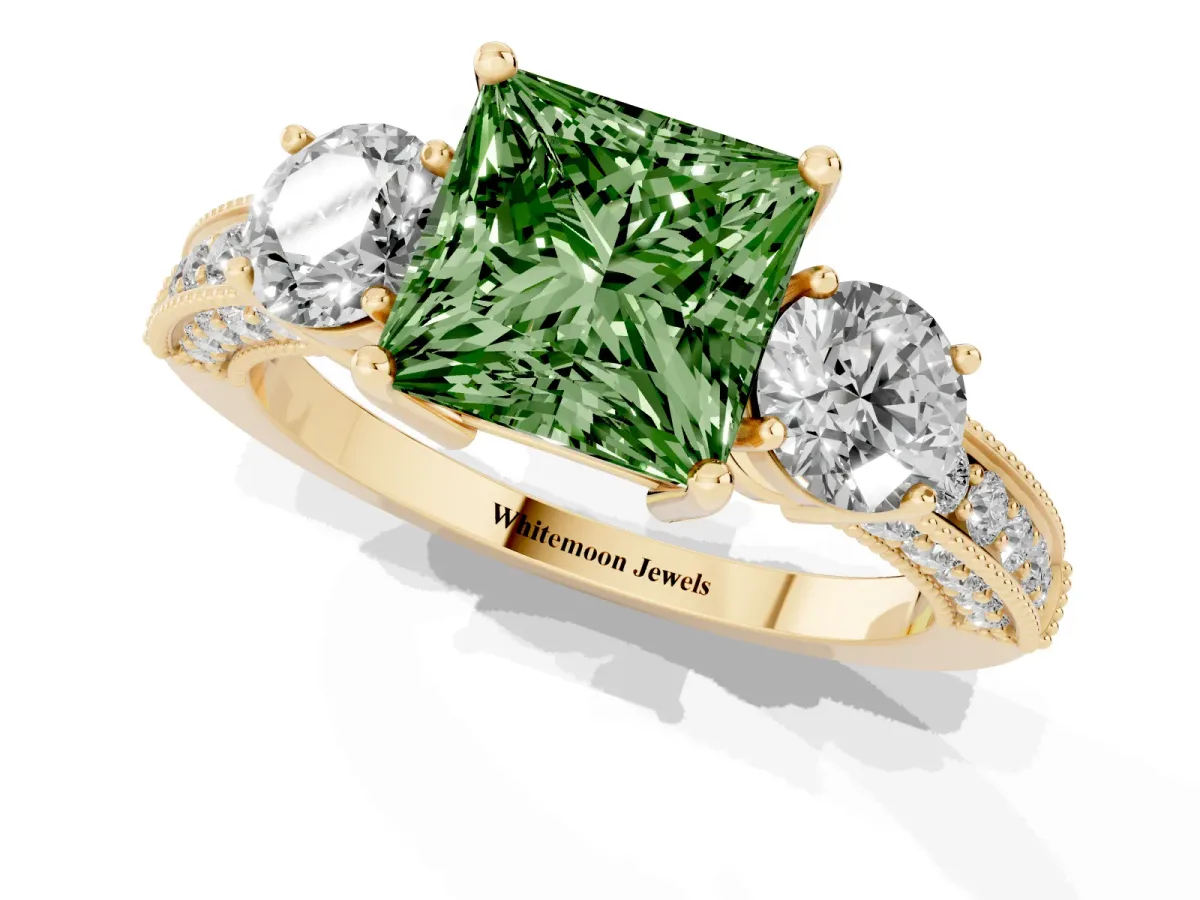 Fancy Green Princess Cut Three-Stone Diamond Ring with Pavé Band and Four-Prong Setting Yellow gold