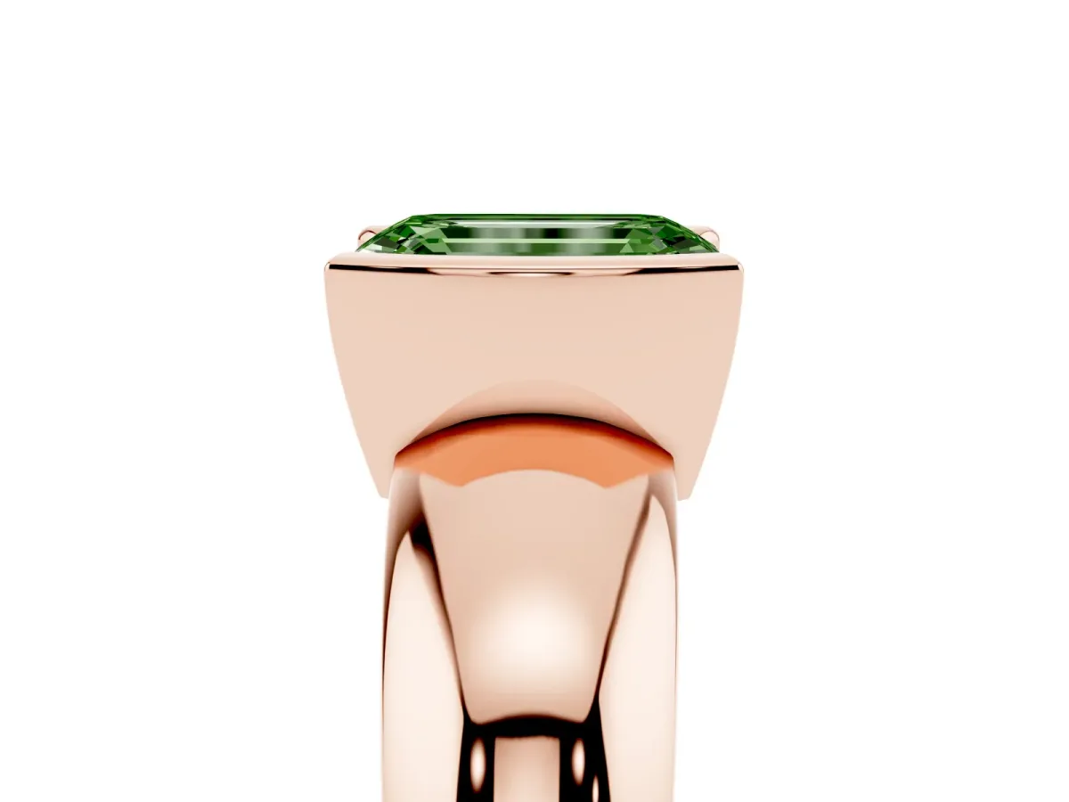 Fancy Green Emerald Cut Solitaire Tension Set Diamond Ring with Wide Band Rose gold
