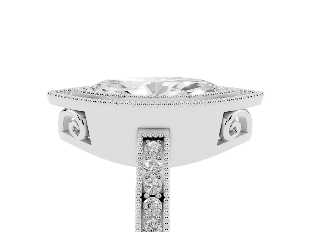 Marquise Cut Cut Halo Diamond Ring with Pavé Band and Milgrain Prong Setting White gold