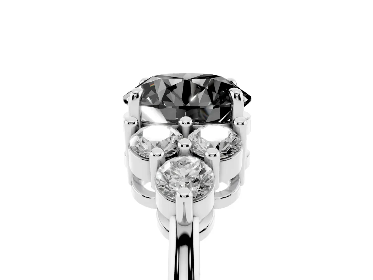 Fancy Black Round Cut Brilliant Diamond Cluster Accent Solitaire Ring with Prong Setting White gold
